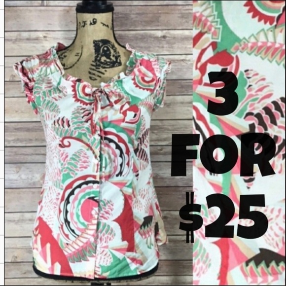 Tahari Multicolored Print Ruffle Top XS - Picture 1 of 7
